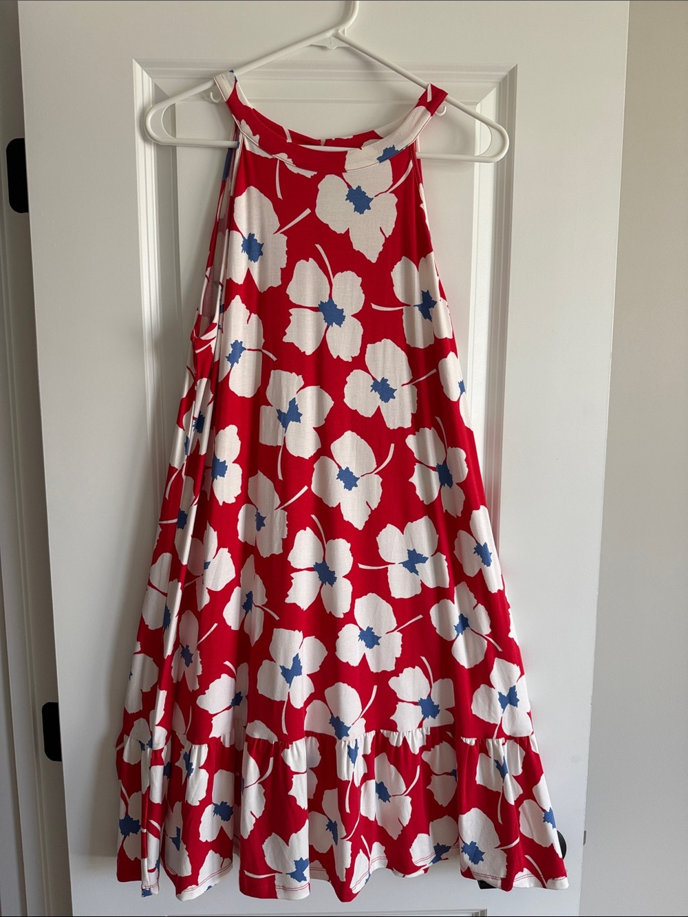 Loft Red Floral Dress with White and Blue Blooms